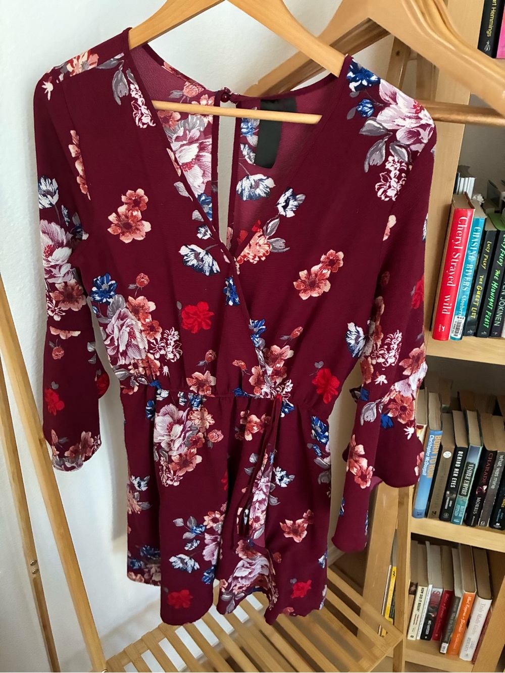 Floral Wrap V-Neck Women's Dress in Burgundy